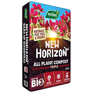 Westland New Horizon All Plant Compost 50L bag features vibrant pink flowers on a dark background, with bold white and green text highlighting its organic and peat-free qualities.