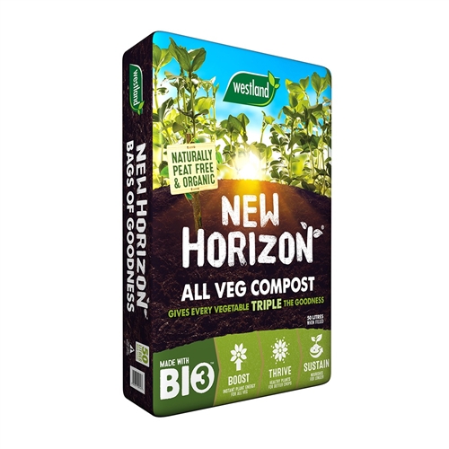 New Horizon Vegetable Growing Compost in a 50L bag, featuring a vibrant green design with plant graphics, labeled as peat-free and organic, highlighting benefits like "Boost," "Thrive," and "Sustain."