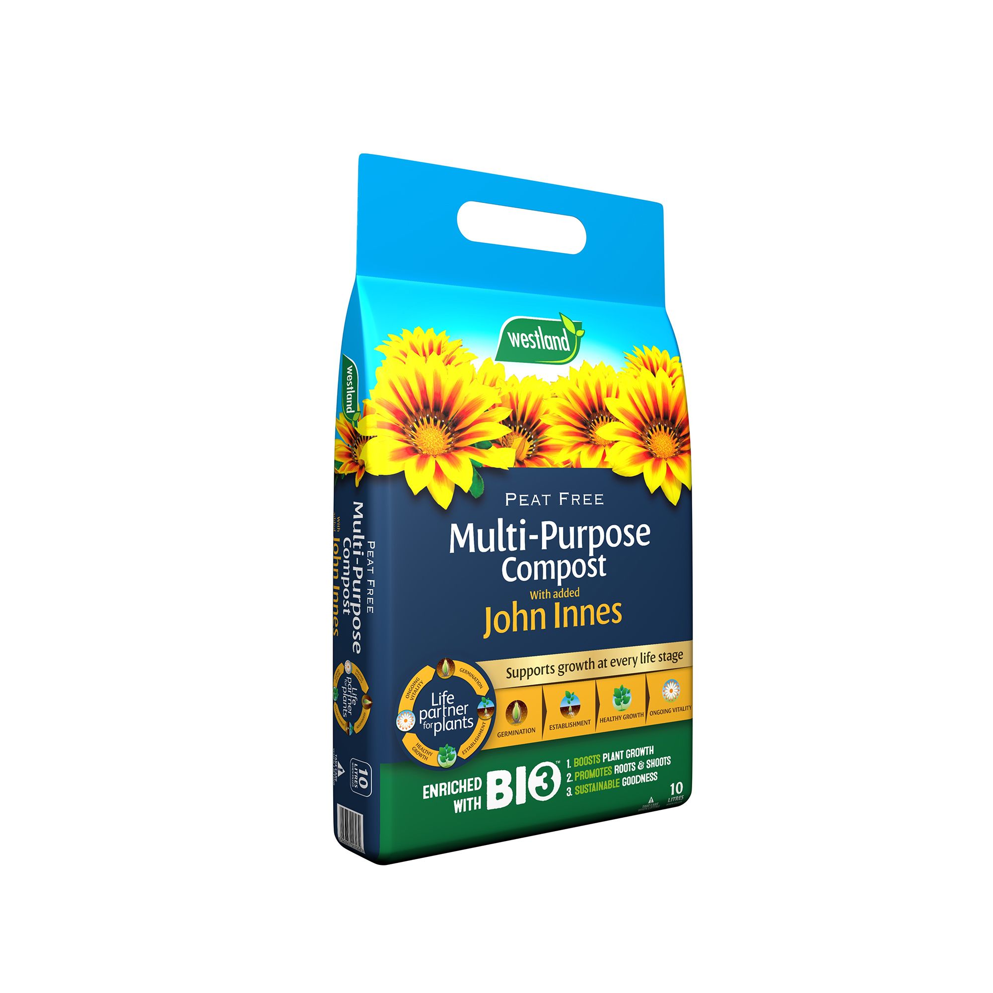 Bright blue bag of Westland Peat Free Multi-Purpose Compost, featuring yellow sunflowers, labeled with "John Innes" and "10L," highlighting its benefits for plant growth.