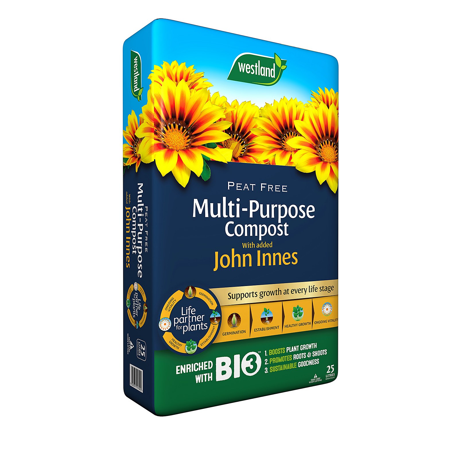 Bright blue bag of Westland Multi Purpose Compost, 25L, featuring vibrant sunflowers, labeled "Peat Free" and "Enriched with BI3," highlighting support for plant growth.