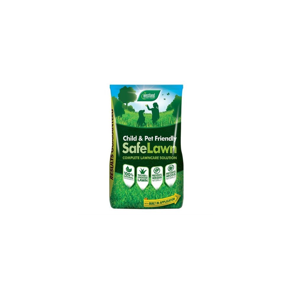 Green 14kg bag of Westland Safelawn, featuring a child and pet-friendly label, with a bright yellow banner highlighting its complete lawn care solution.