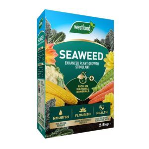 Green and blue box of Westland Seaweed Enhanced 2.5kg, featuring vibrant images of corn, broccoli, and carrots, with text highlighting nourishment and health benefits.