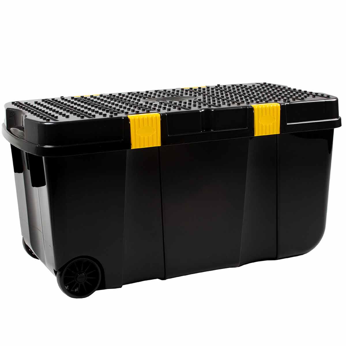 Black and yellow Wham DIY Tough Cart Storage Box with a textured lid, sturdy plastic construction, and wheels for easy mobility, featuring a 100L capacity.