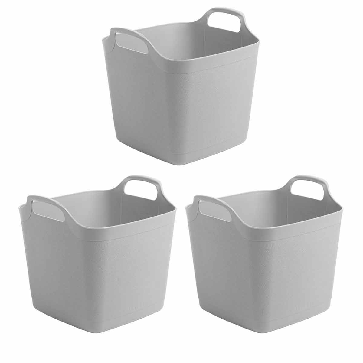 Set of three 15-litre square storage tubs in grey, made of durable plastic, featuring sturdy handles for easy carrying and a graduated design for stacking.