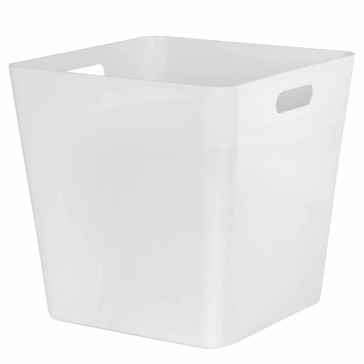 White medium-duty plastic storage box with a square shape, featuring two cut-out handles for easy carrying.