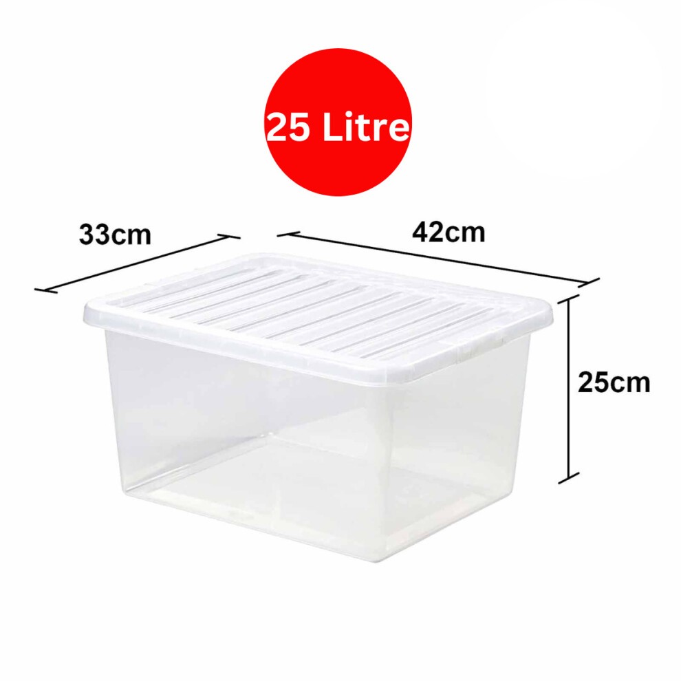 Clear plastic stackable storage box with a white lid, measuring 42cm x 33cm x 25cm, featuring a ribbed lid design for easy stacking and organization.