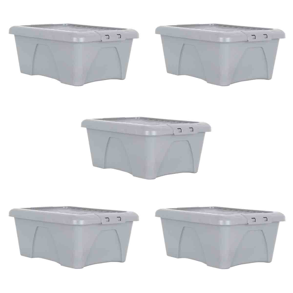 Set of five soft grey 34L storage boxes with lids, featuring a textured surface and sturdy design, ideal for home organization and upcycling projects.
