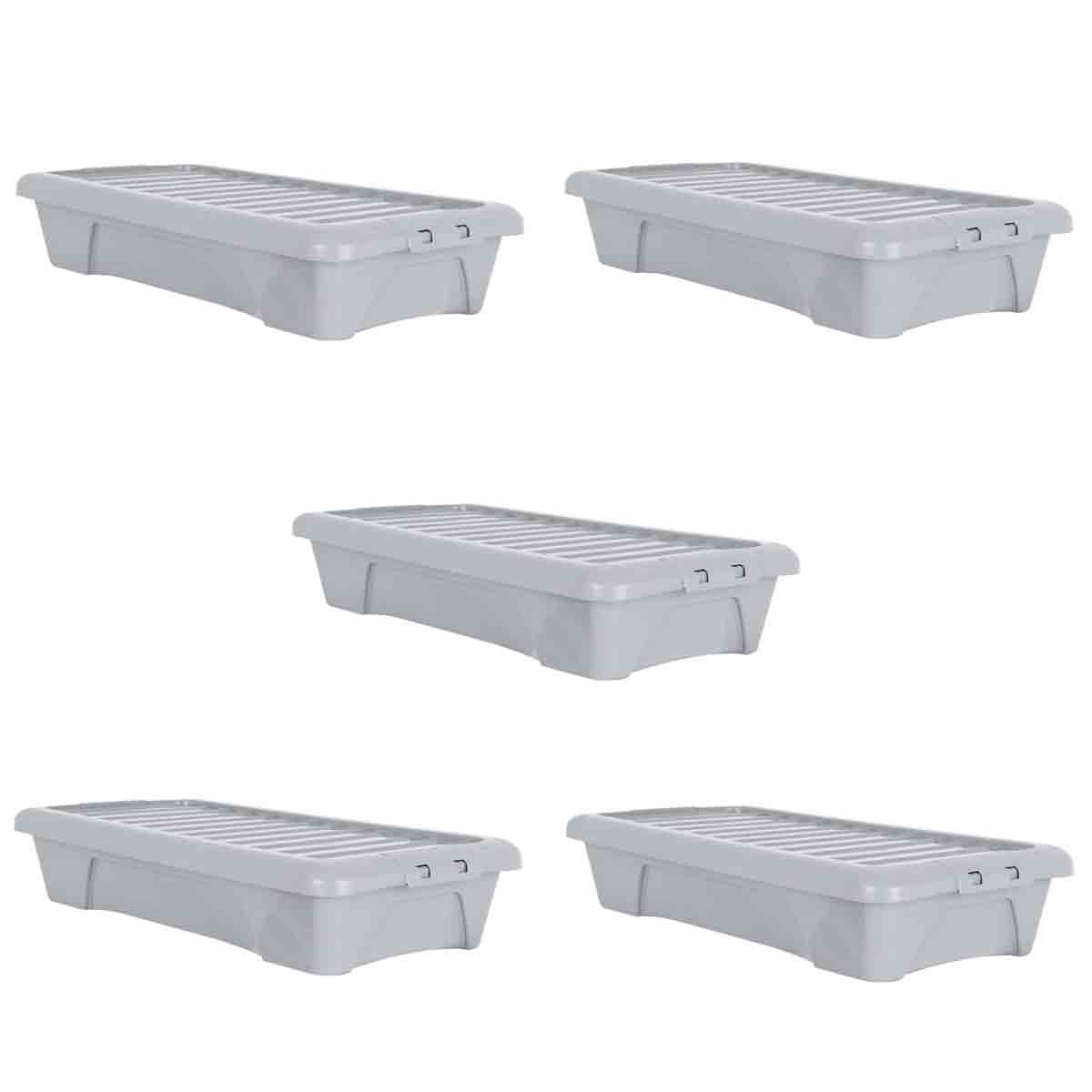 Set of five soft grey 35L storage boxes with lids, featuring a ribbed design on the top and sturdy plastic construction for versatile home organization.