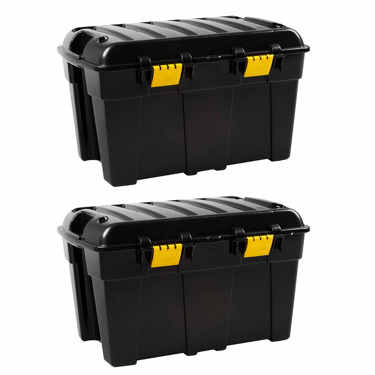 Black plastic storage trunk with yellow clips, featuring a sturdy design and a 48L capacity, ideal for organizing and storing various items.