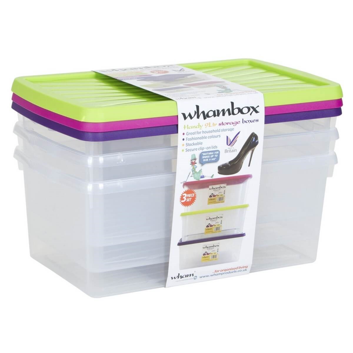 Clear plastic storage boxes with assorted colored clip lids in green, purple, and pink, featuring a label showcasing their versatility and stackable design.