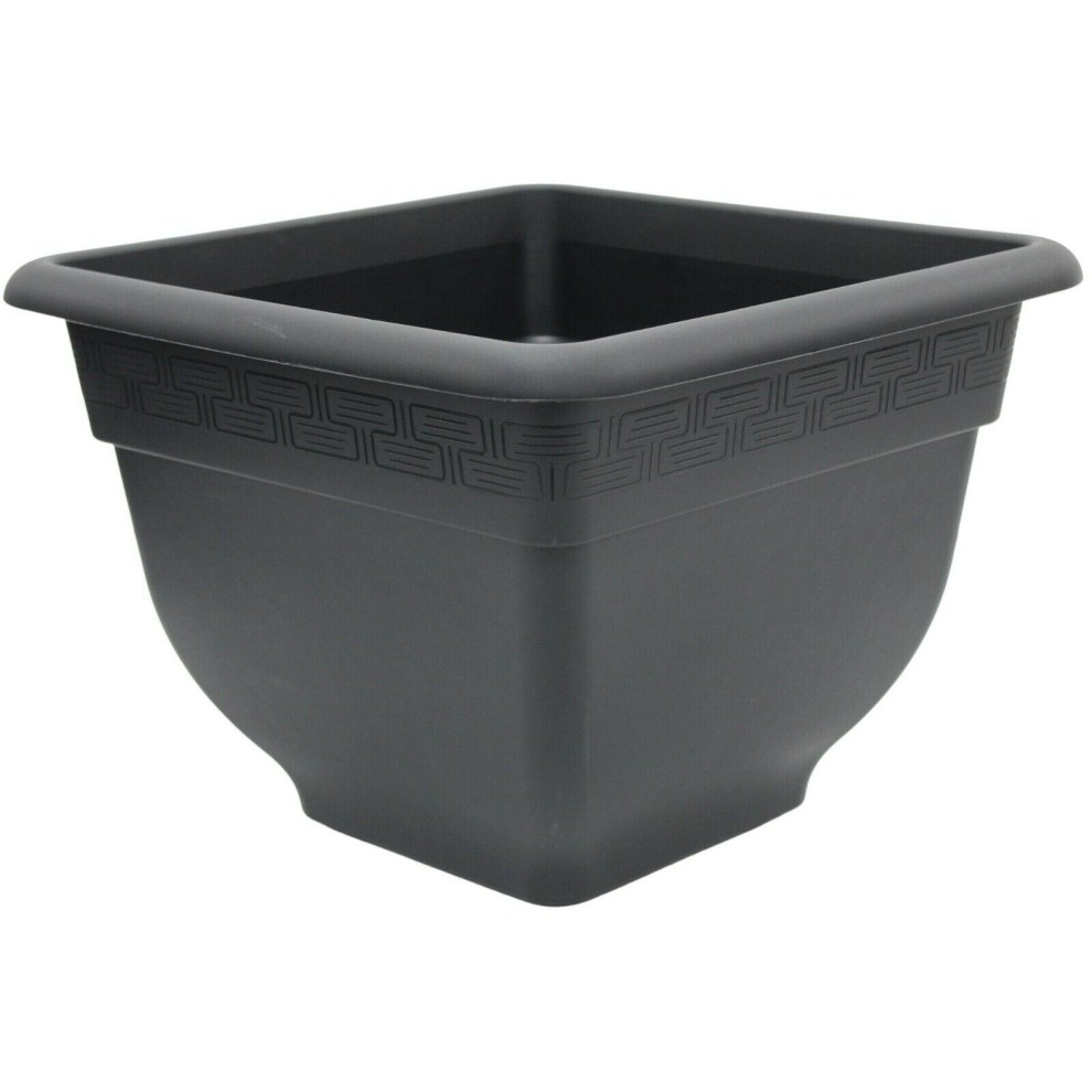 Square slate grey plastic planter with a textured band around the rim, measuring 37cm and holding 24 liters, ideal for indoor or outdoor plants.