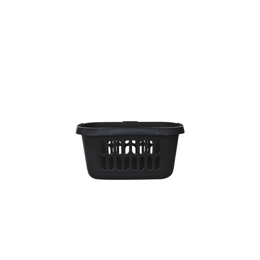 Black plastic hipster laundry basket with a rectangular shape, featuring cut-out handles and ventilation holes for airflow.