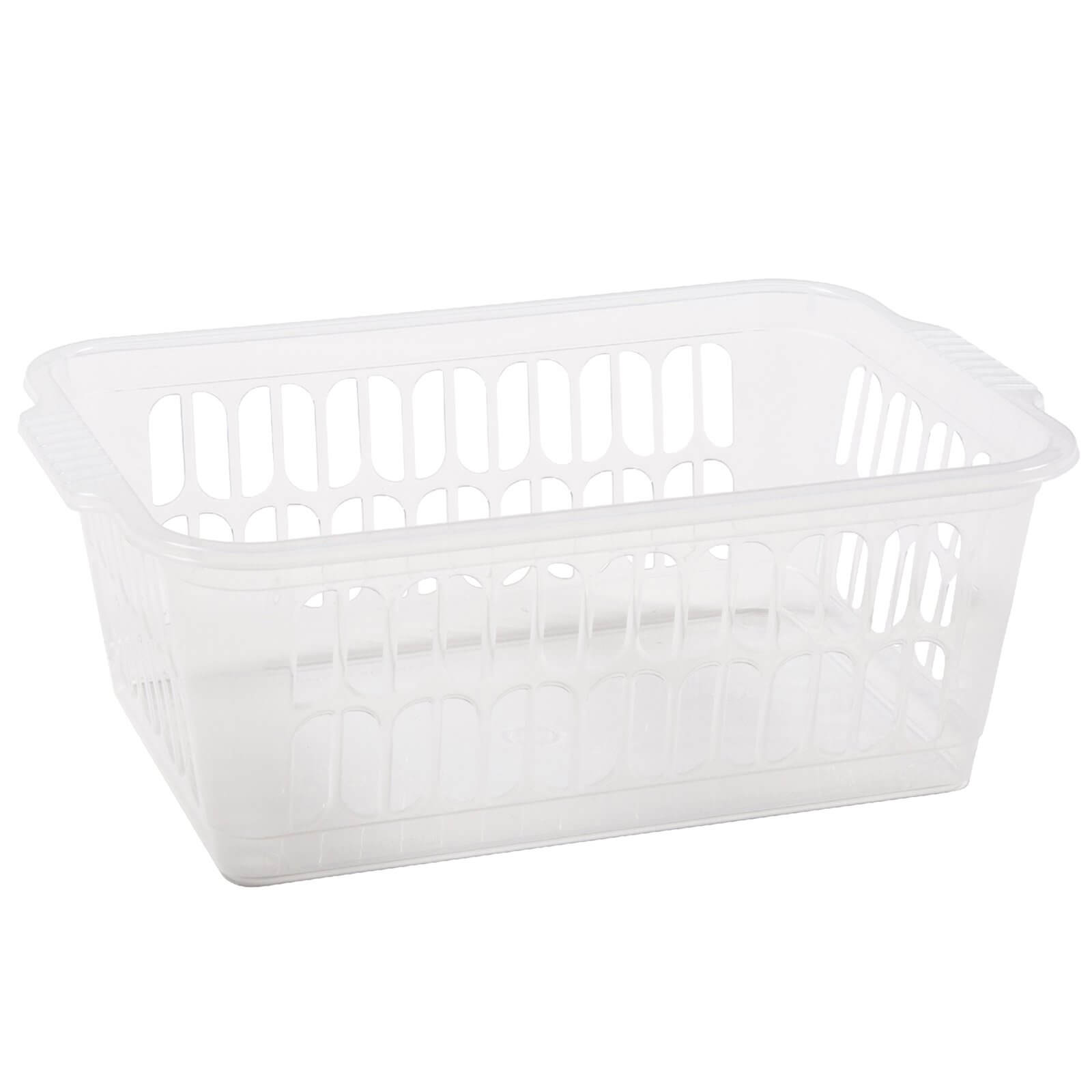 Clear plastic medium-sized basket with a rectangular shape, featuring open weave design for ventilation and sturdy handles on each side for easy carrying.