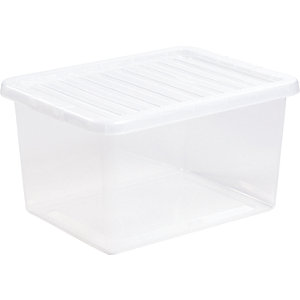 Clear plastic storage box with a flat, ridged lid, featuring a 37-liter capacity, ideal for organizing and storing various items.