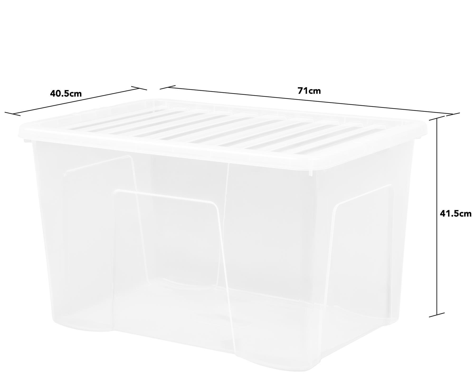 Clear plastic storage box with a slotted lid, measuring 71cm x 40.5cm x 41.5cm, designed for underbed use and stackable for efficient organization.