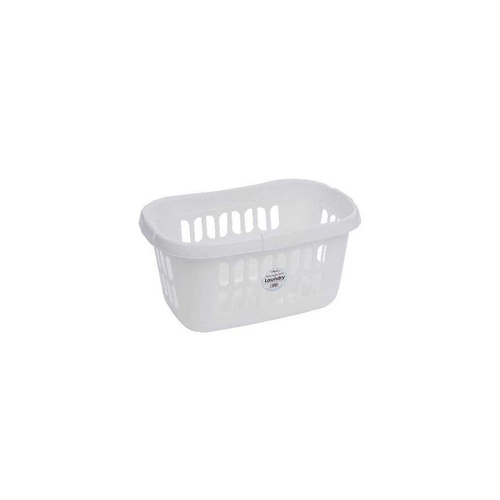 White plastic laundry basket with an open top, featuring ventilation holes and a smooth rim, designed for easy carrying and organization.