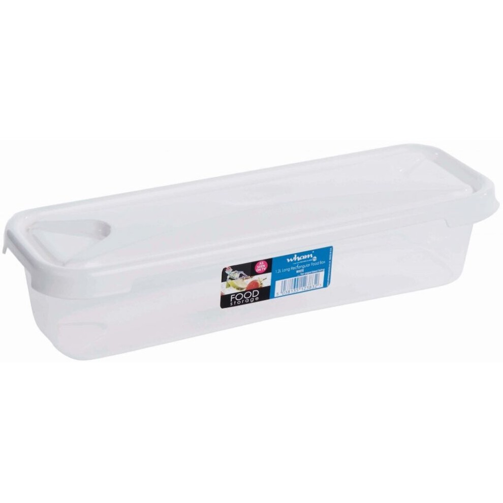 White 1.2L food storage box with a transparent body and a clear lid, featuring a handle for easy opening and a label for identification.