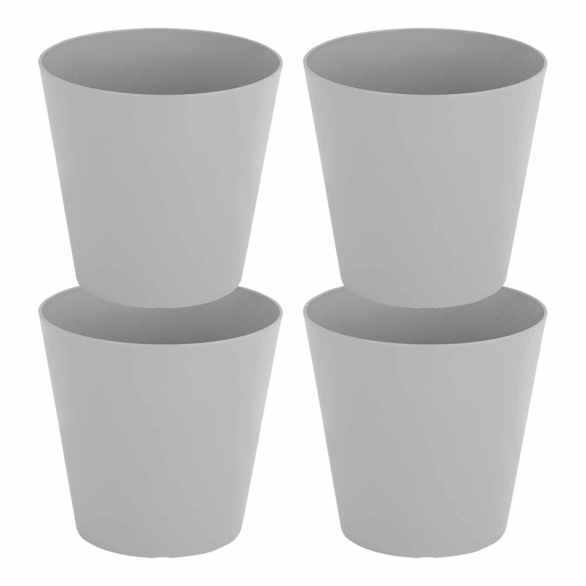 Set of four 21cm round planters in cool grey, made from durable plastic with a smooth finish, featuring a tapered design for a modern look.