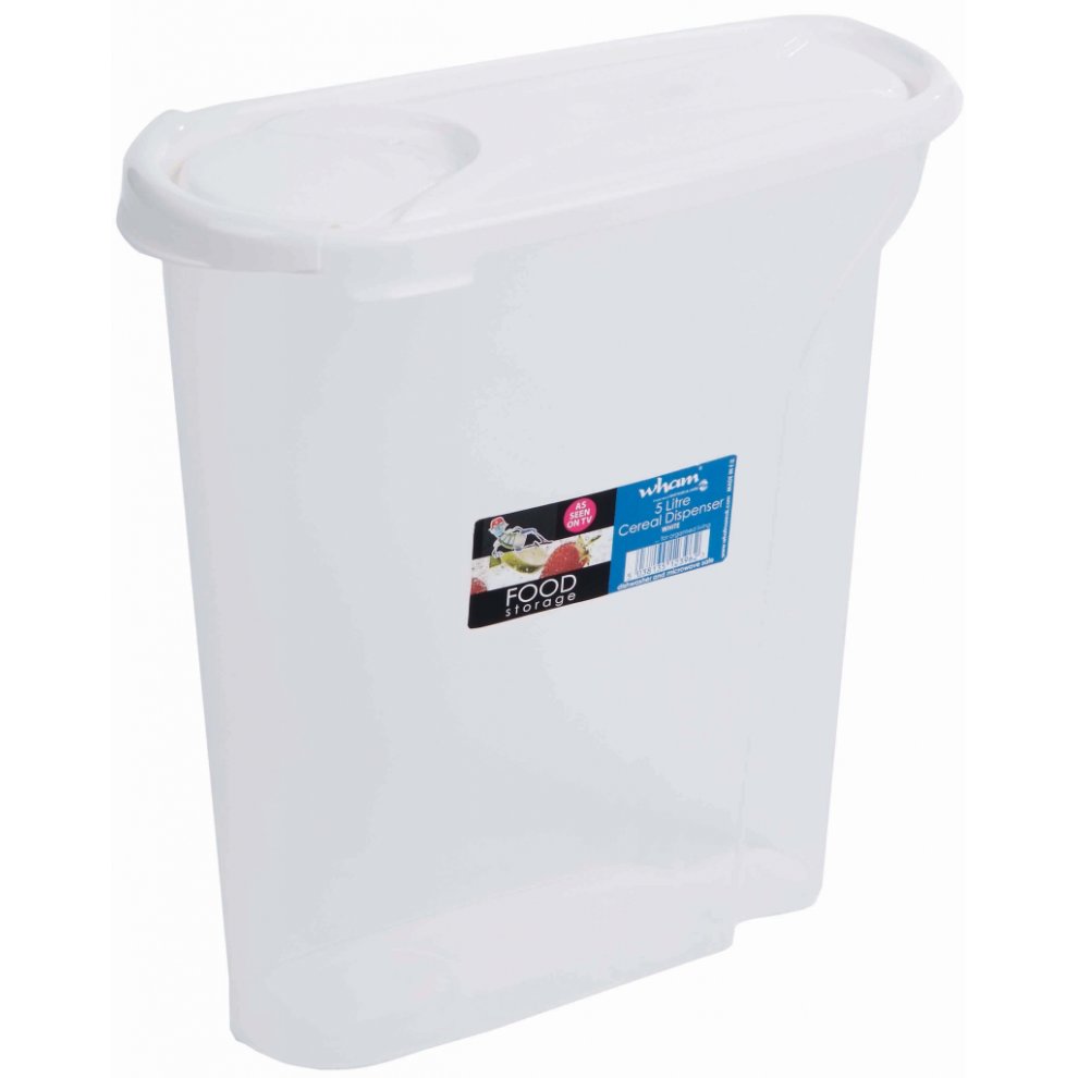 White plastic cereal dispenser with a lid, featuring a clear body and a label indicating it holds 5 liters, designed for kitchen storage of dry food items.
