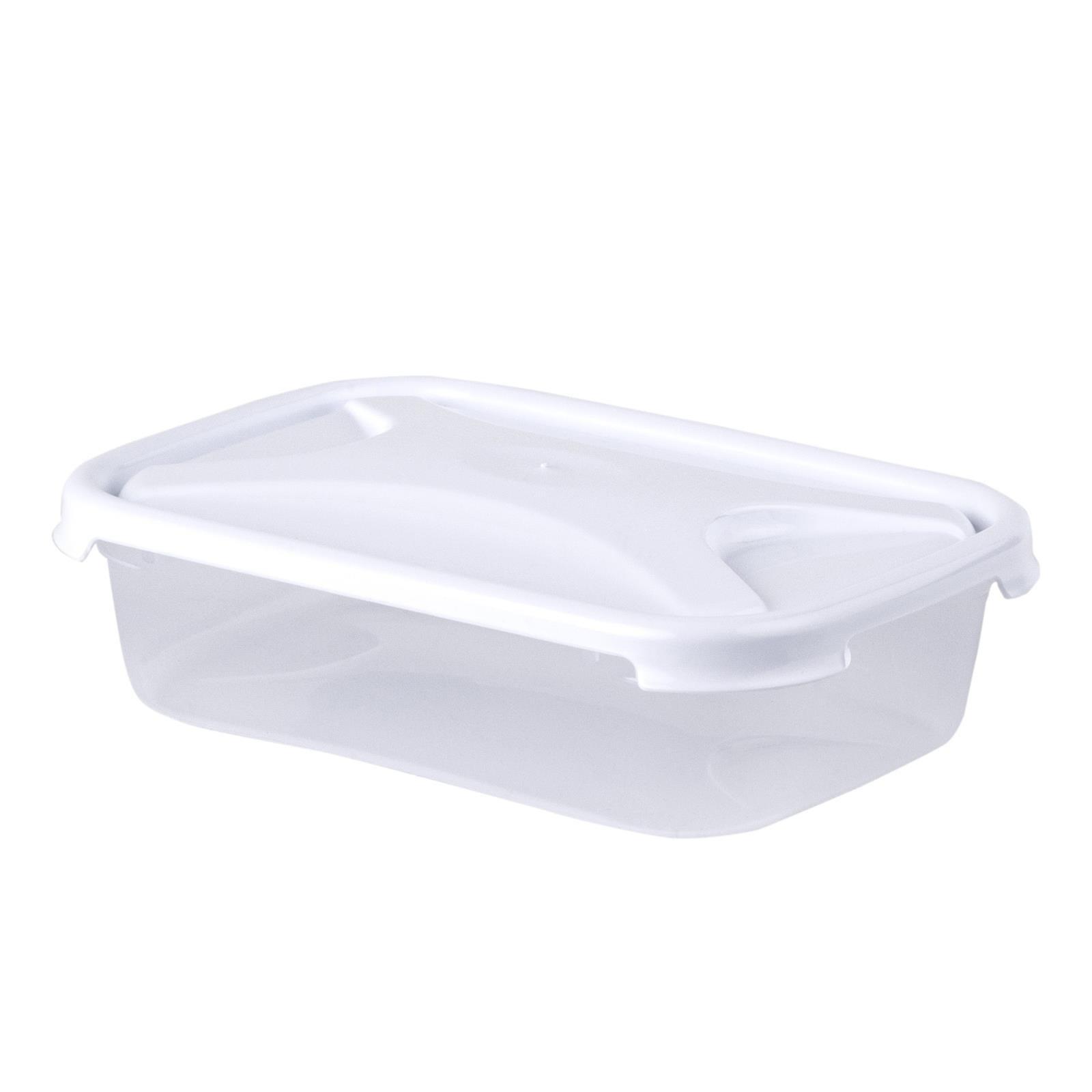 White rectangular food storage container with a clear plastic body and a white lid, featuring a 0.8L capacity and a sleek, modern design.