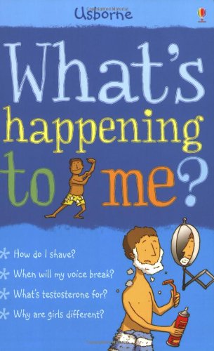 Bright blue paperback cover featuring the title "What's Happening to Me?" with illustrations of a boy in swim trunks and a man shaving, alongside questions about puberty.