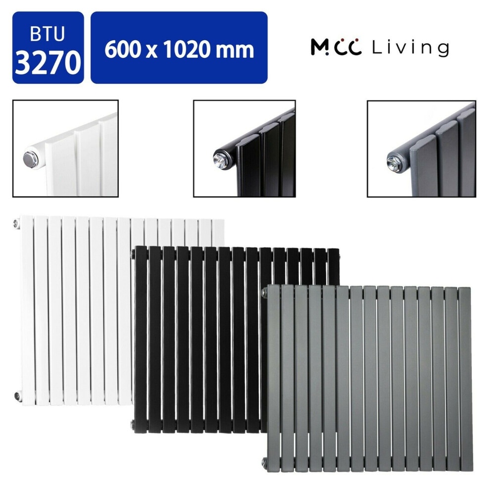 MCC Designer Flat Panel Single Radiator in black, measuring 600 x 1020 mm, features a sleek, modern design with vertical slats and rounded edges.