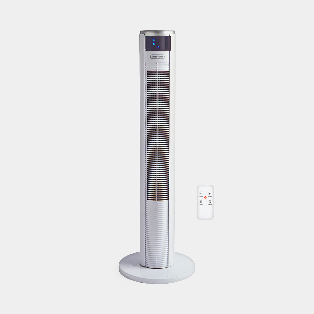 White 35" tower fan by VonHaus with a sleek design, vertical slats, digital control panel, and a remote control for easy operation.