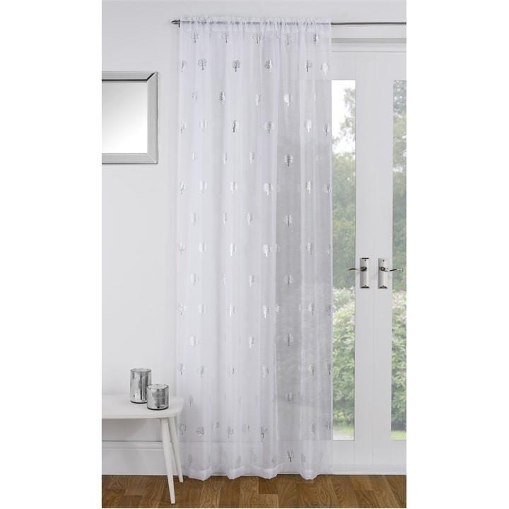 White voile panel featuring a metallic birch tree print, designed by Tyrone Textiles, with a lightweight, sheer fabric that gently filters light.