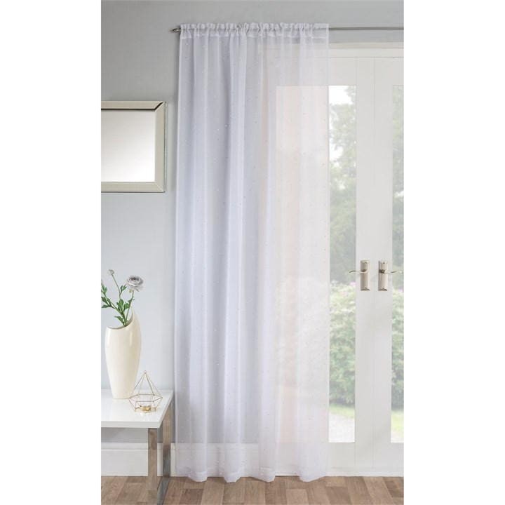 White voile panel featuring all-over diamante embellishments, softly filtering light, with a gathered top for easy hanging, displayed in a bright room setting.