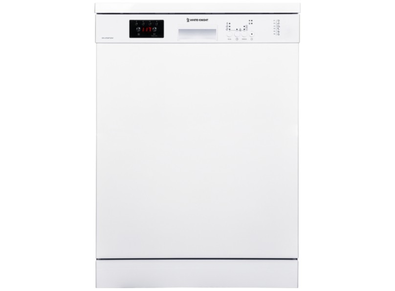 White-Knight dishwasher in a sleek white finish, featuring a digital control panel, LED display, and a minimalist design with a handleless front.