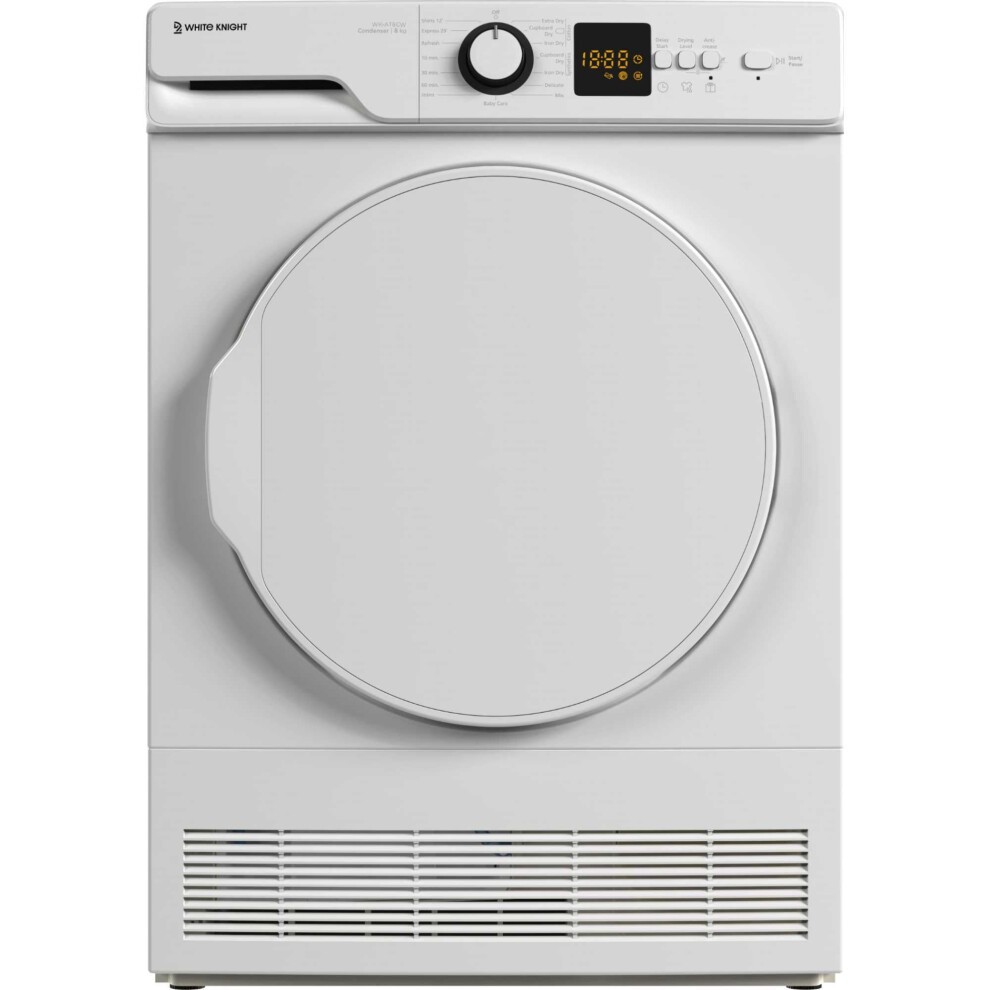 White Knight tumble dryer in white, featuring a large front-loading door, digital display with control knobs, and a vented base for airflow.