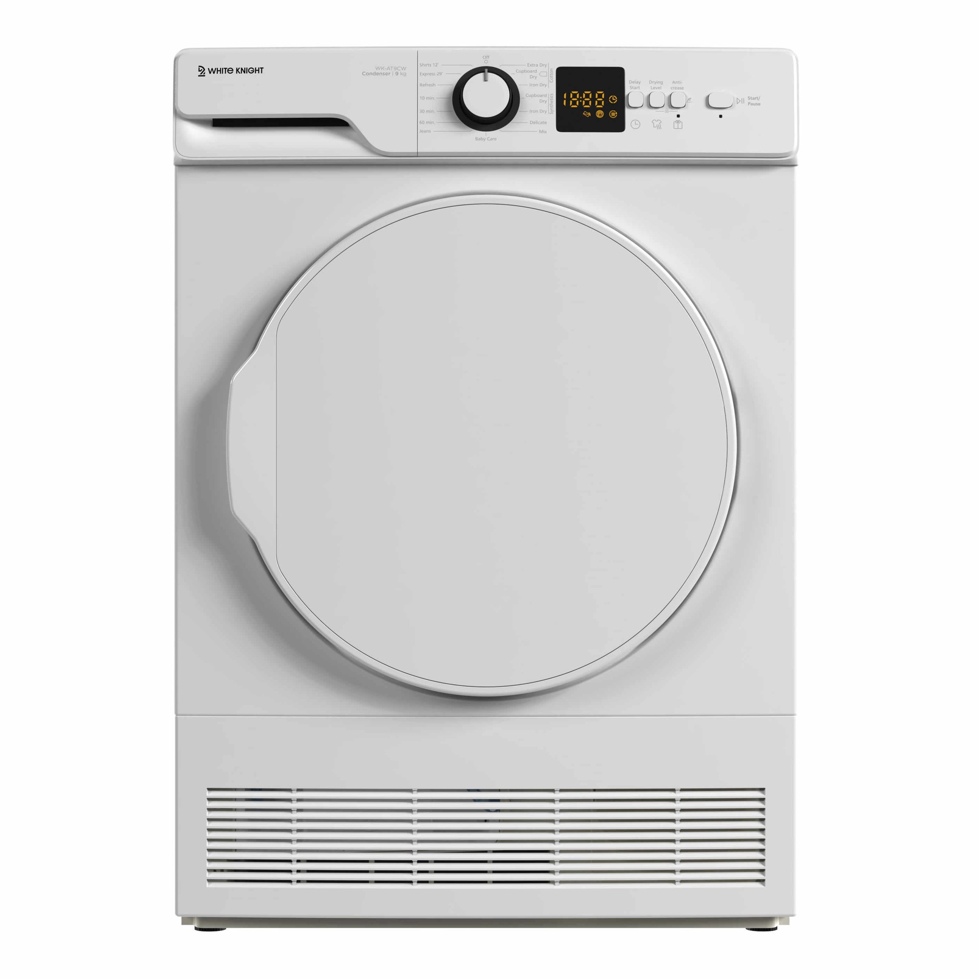 White Knight "White-Knight" dryer in white, featuring a large circular door, digital display with control knobs, and vented front grille for efficient drying.