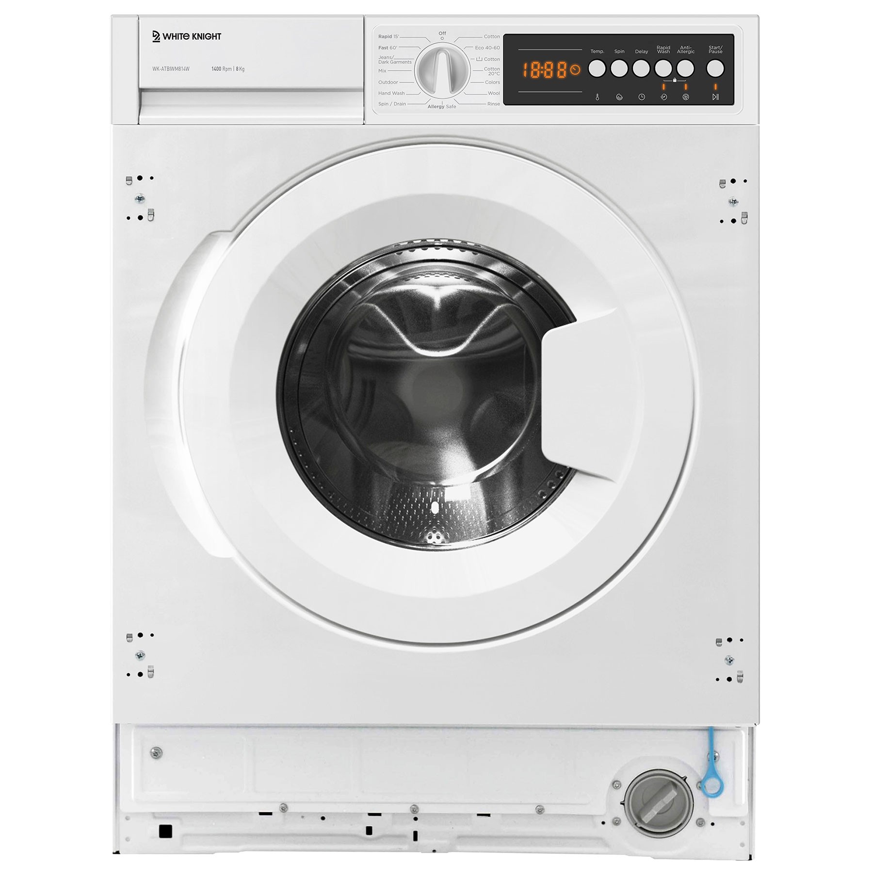 Integrated white washing machine with a 8kg capacity, 1400 RPM spin speed, digital display, and control panel featuring buttons and a dial for settings.