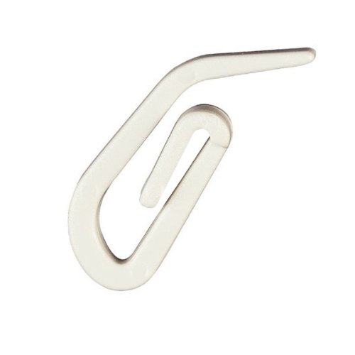 White plastic curtain hooks with a sleek design, featuring a hook shape for easy attachment, sold in a pack of 50.