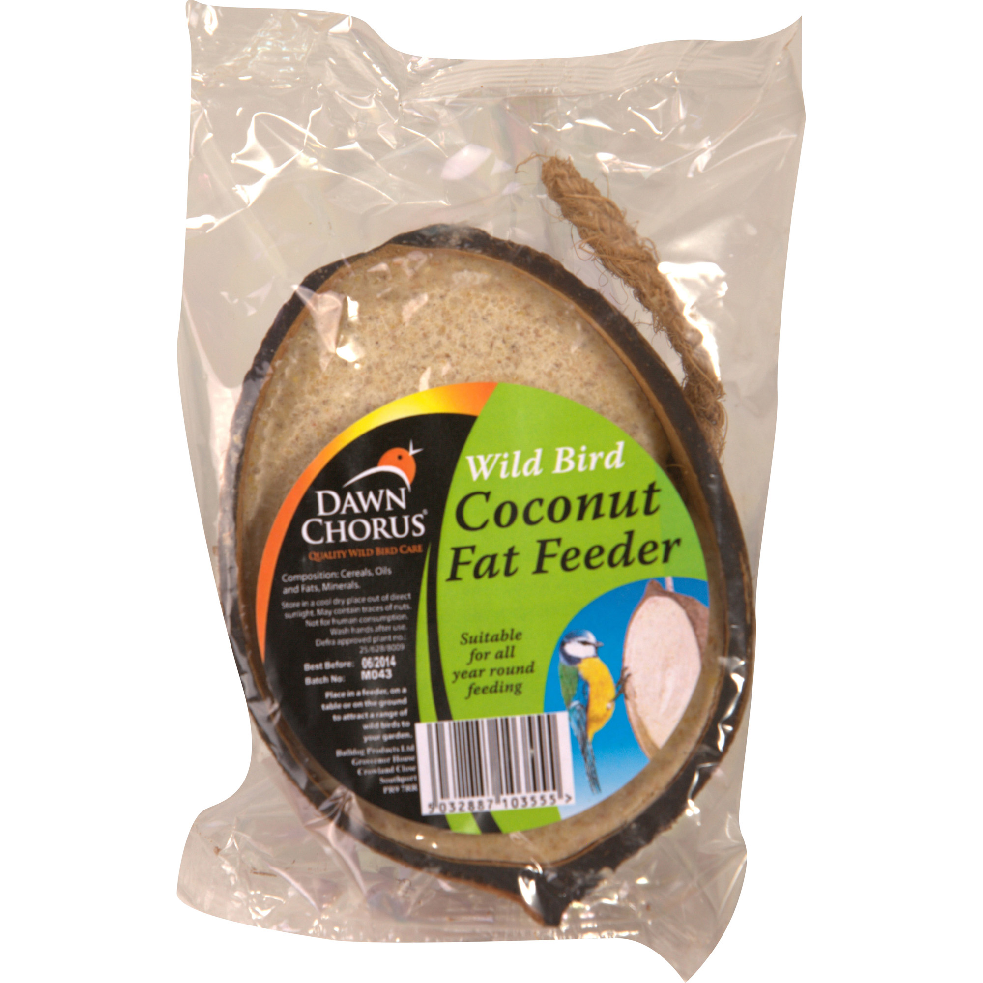 Fat-filled coconut half in a clear plastic package, featuring a colorful label with the text "Dawn Chorus Wild Bird Coconut Fat Feeder" and a natural jute string for hanging.