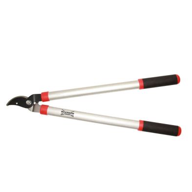 Bypass lopper with silver aluminum handles, red rubber grips, and a sharp curved cutting blade, designed for efficient pruning and cutting of branches.