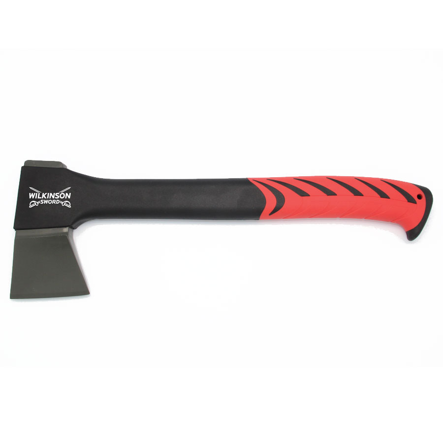 Wilkinson Sword 14" hatchet axe with a black steel head, red and black rubber grip handle, featuring a textured design for improved grip and control.