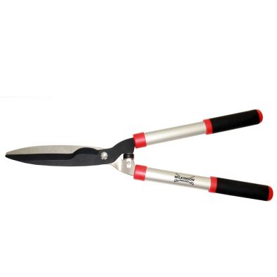 Wilkinson Sword hedge shears feature long, sharp black blades with a silver aluminum handle and red rubber grips for comfort and control.