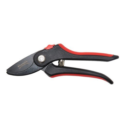 Black and red Wilkinson Sword bypass secateurs with a metal blade, ergonomic handles, and a safety lock feature for secure handling.