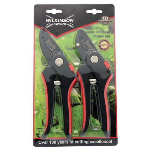 Twin pack of Wilkinson Sword secateurs featuring a bypass and anvil design, with black and red handles, durable metal blades, and a cutting capacity of 22mm.