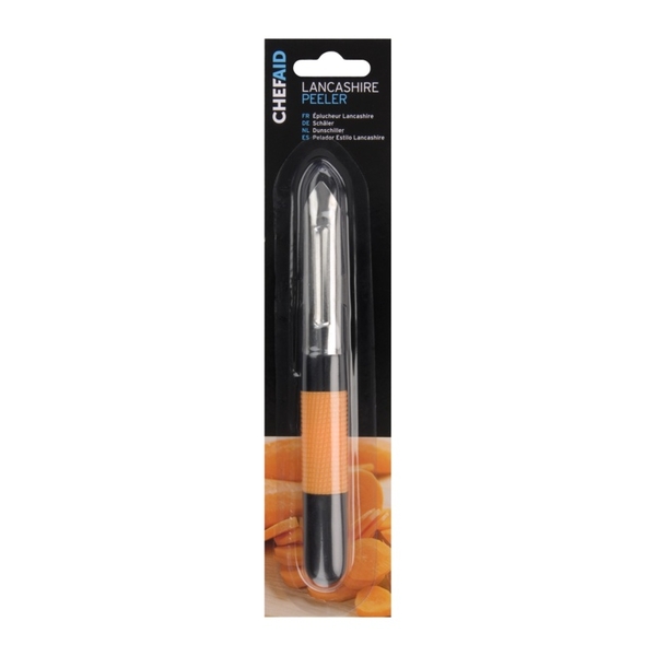 Lancashire peeler with a stainless steel blade, orange rubber grip, and black handle, packaged with a background of sliced carrots.