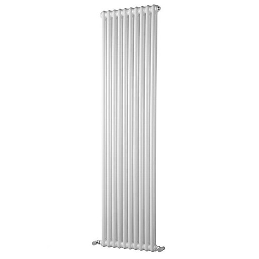 Tall, vertical white radiator with two columns, measuring 1800mm x 394mm, featuring a sleek, modern design and smooth finish, ideal for contemporary interiors.