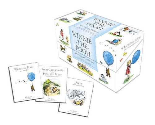 A colorful box set featuring "Winnie-the-Pooh: a Complete 30 Books Collection" with illustrated covers, showcasing characters and scenes from the stories.