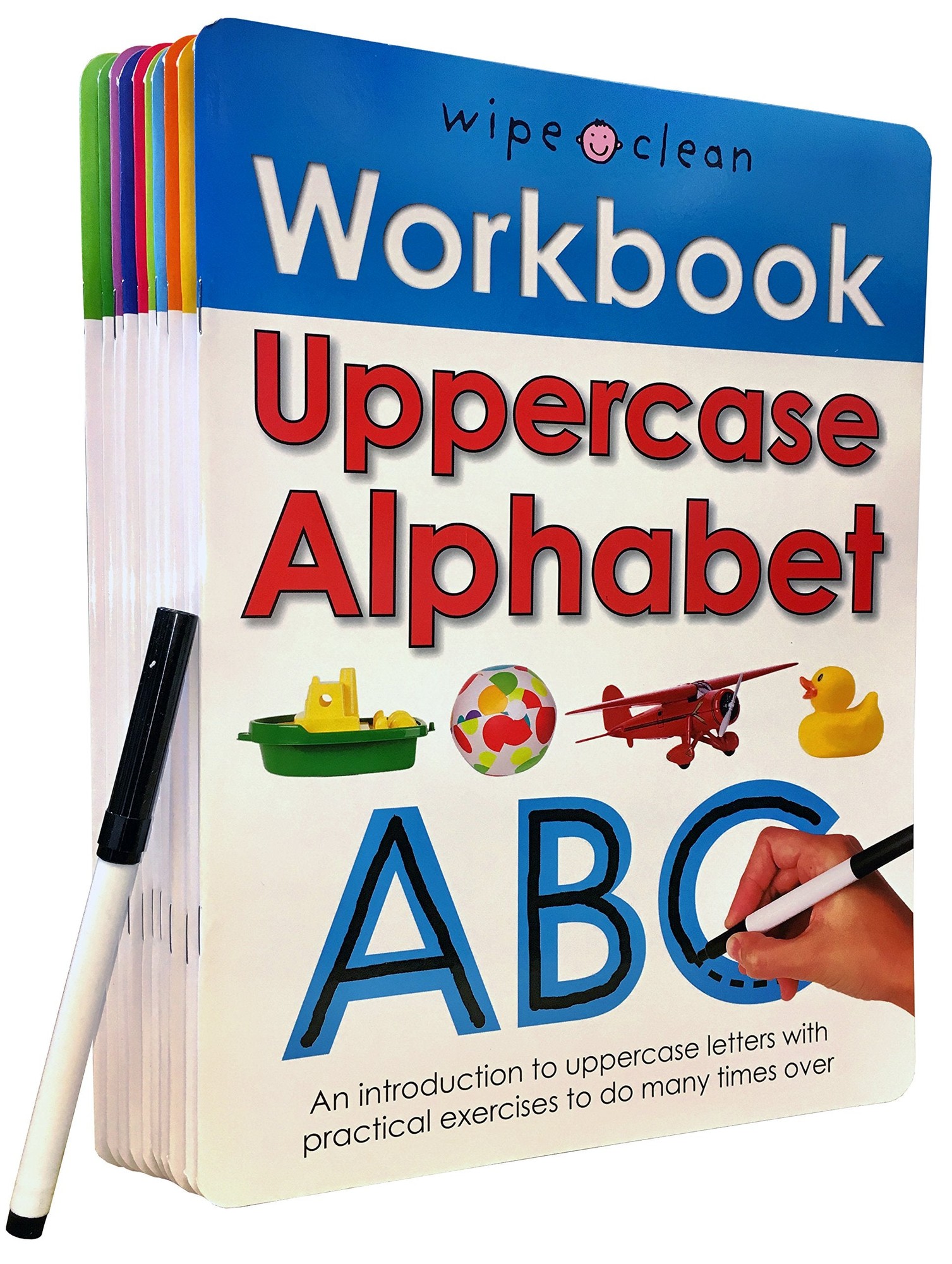 Wipe Clean Workbook collection featuring ten colorful books with a sturdy design, focusing on lowercase alphabet learning, includes a marker for repeated practice.