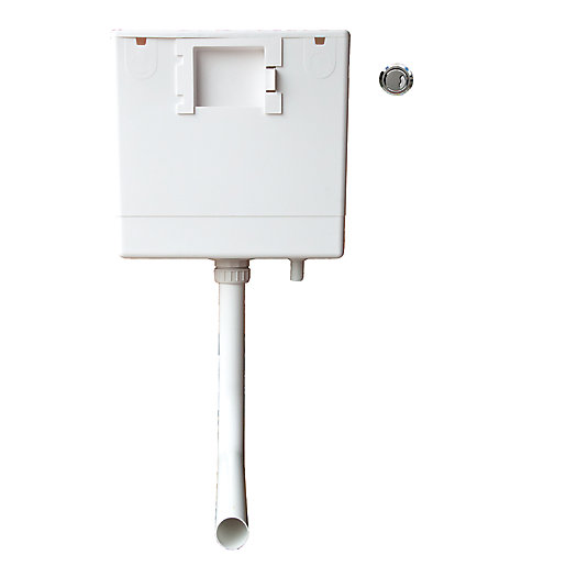 White compact dual flush cistern with a front access panel, featuring a cable-operated mechanism and a side water inlet pipe.