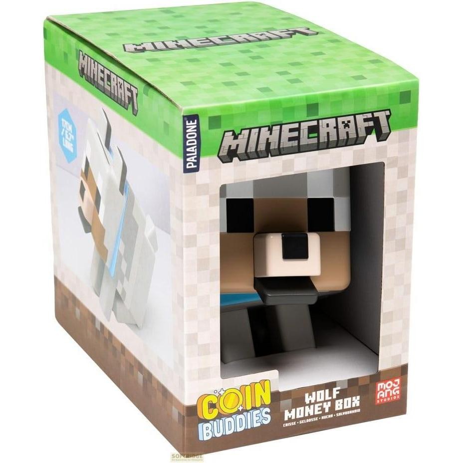 Minecraft-themed coin bank shaped like a wolf, featuring a blocky design in grey and white, with a green and white box showcasing the character.