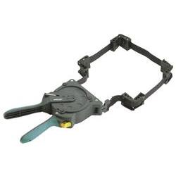 Wolfcraft 3681000 one-hand frame clamp features a sturdy black plastic body, a green handle, and a 5m adjustable strap for secure clamping in woodworking projects.