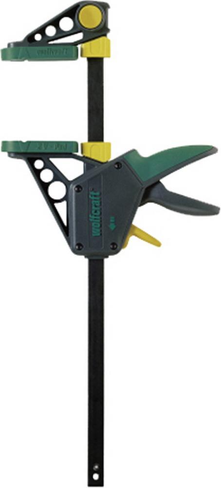 One-handed clamp featuring a black metal bar, green and yellow plastic components, with a maximum span of 450 mm and ergonomic trigger for easy operation.