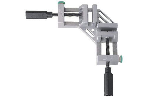 Silver metal clamping tool with adjustable screws, featuring a green knob and a sturdy design, ideal for holding materials securely during crafting tasks.