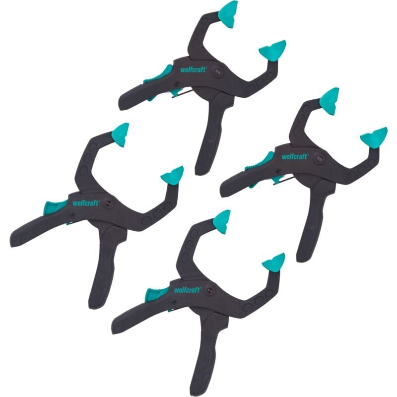 Four black ratchet clamps with turquoise tips, designed for versatile hobby and trade use, featuring a sturdy grip and adjustable tension for secure holding.